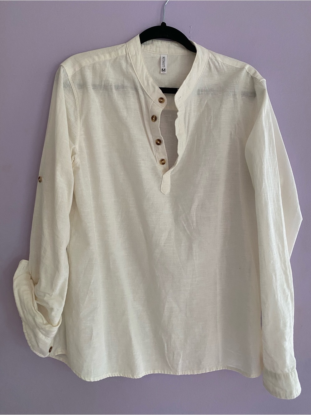 Men's Cream Long-Sleeve Button-Neck Casual Shirt